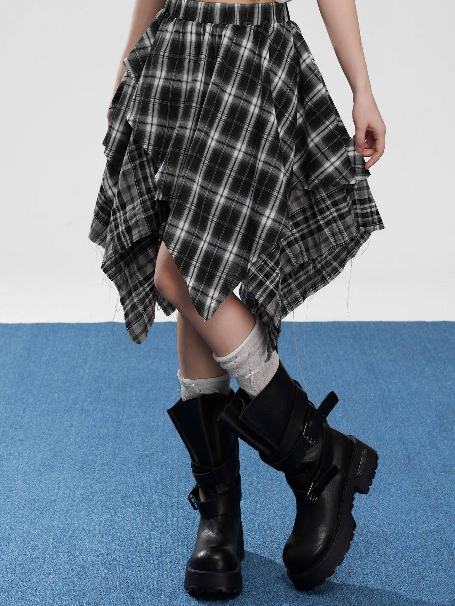VEEMIX Coffee Plaid Asymmetrical High Waist A Line Women's Cotton Blend Midi Skirts
