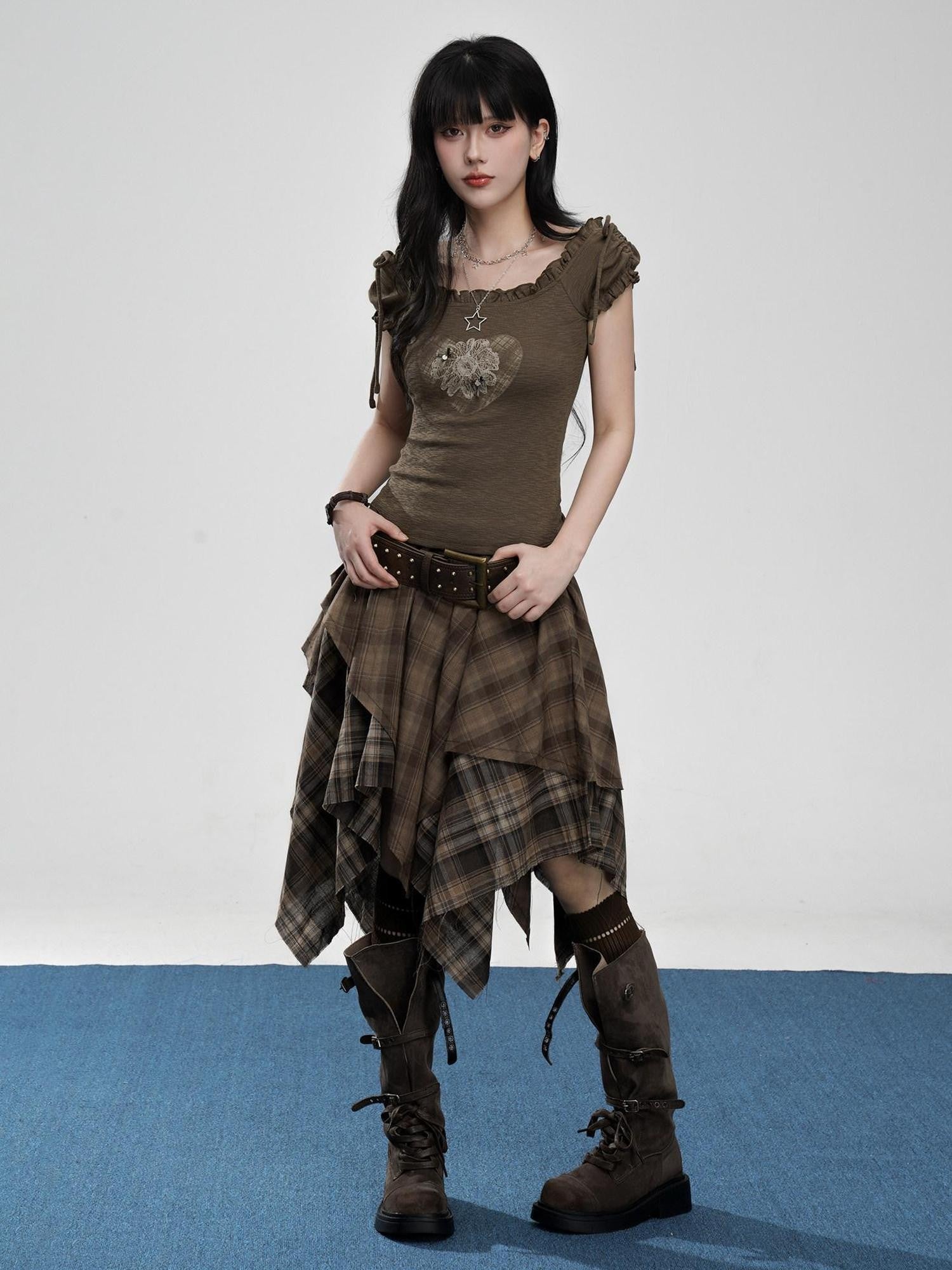 VEEMIX Coffee Plaid Asymmetrical High Waist A Line Women's Cotton Blend Midi Skirts