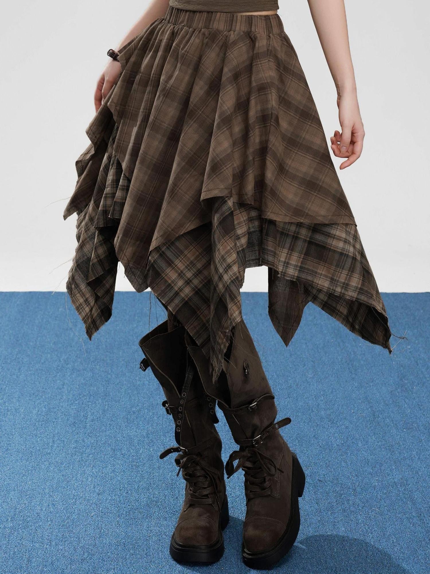 VEEMIX Coffee Plaid Asymmetrical High Waist A Line Women's Cotton Blend Midi Skirts