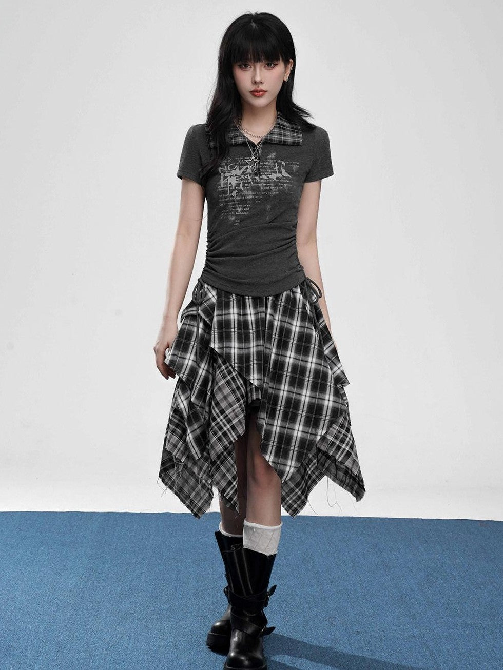 VEEMIX Coffee Plaid Asymmetrical High Waist A Line Women's Cotton Blend Midi Skirts