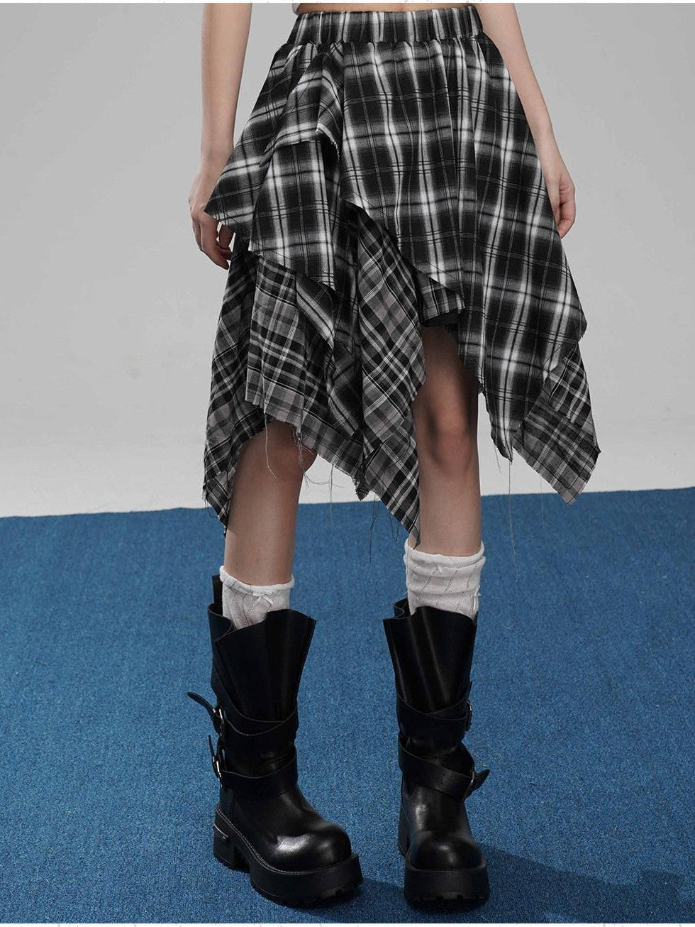 VEEMIX Coffee Plaid Asymmetrical High Waist A Line Women's Cotton Blend Midi Skirts
