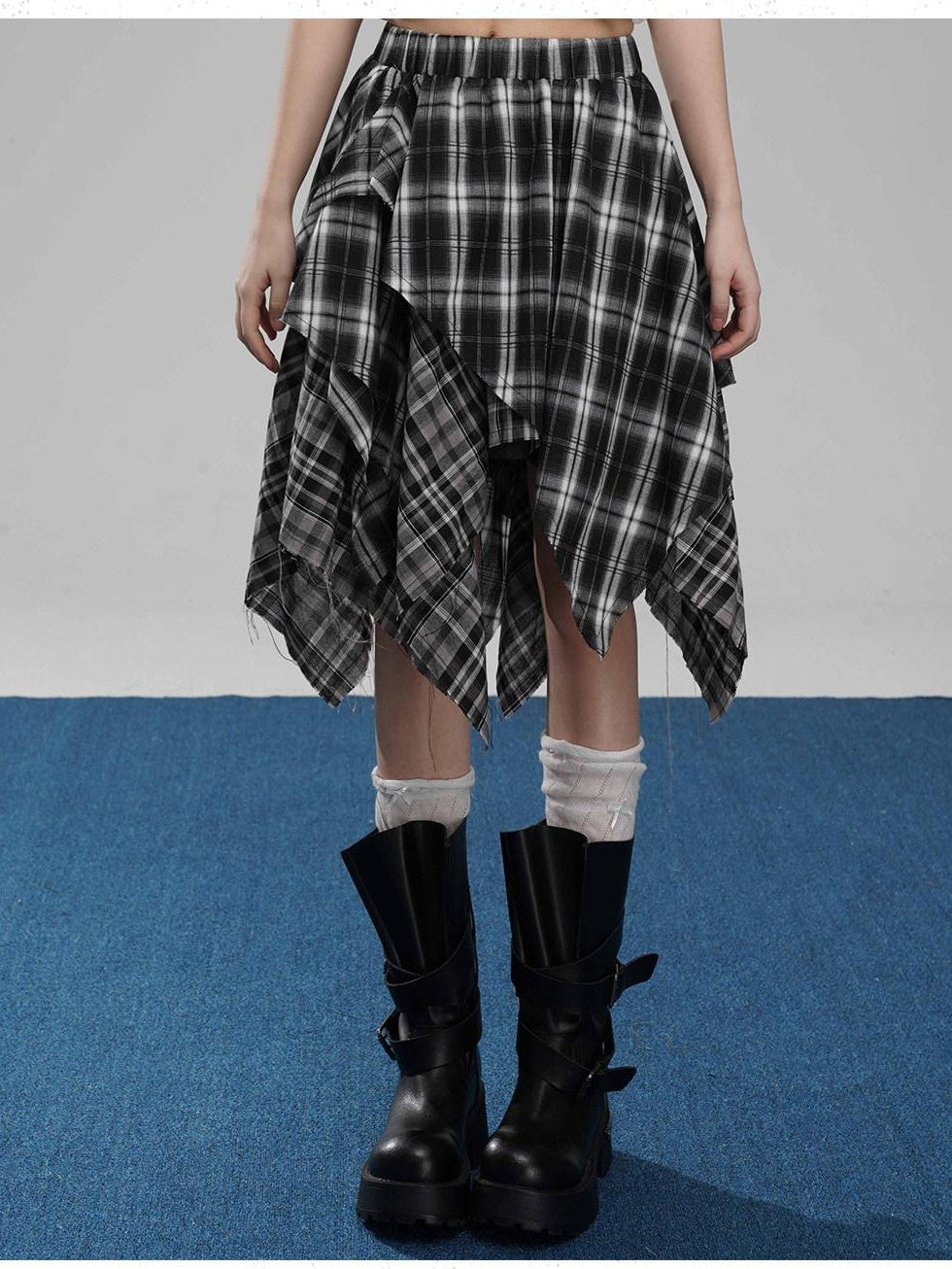 VEEMIX Coffee Plaid Asymmetrical High Waist A Line Women's Cotton Blend Midi Skirts