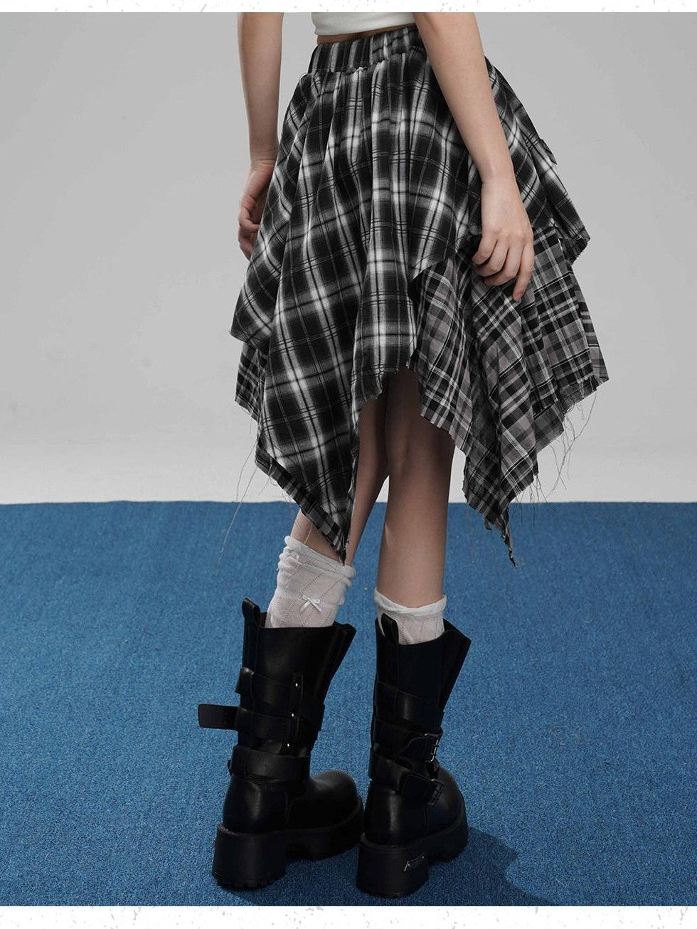 VEEMIX Coffee Plaid Asymmetrical High Waist A Line Women's Cotton Blend Midi Skirts