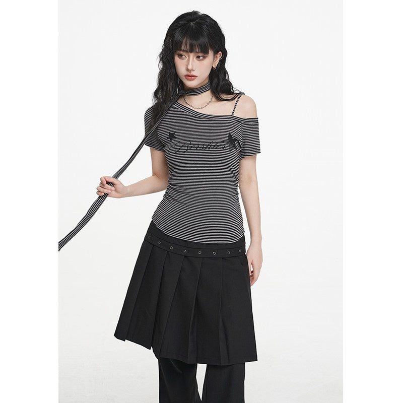 VEEMIX_Coffee_Stripe_Ruched_Slanted_Print_Women's_Tencel_Cotton_Off-shoulder_T-shirts_1017850571186_MISSTT