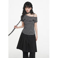 VEEMIX_Coffee_Stripe_Ruched_Slanted_Print_Women's_Tencel_Cotton_Off-shoulder_T-shirts_1017850571186_MISSTT