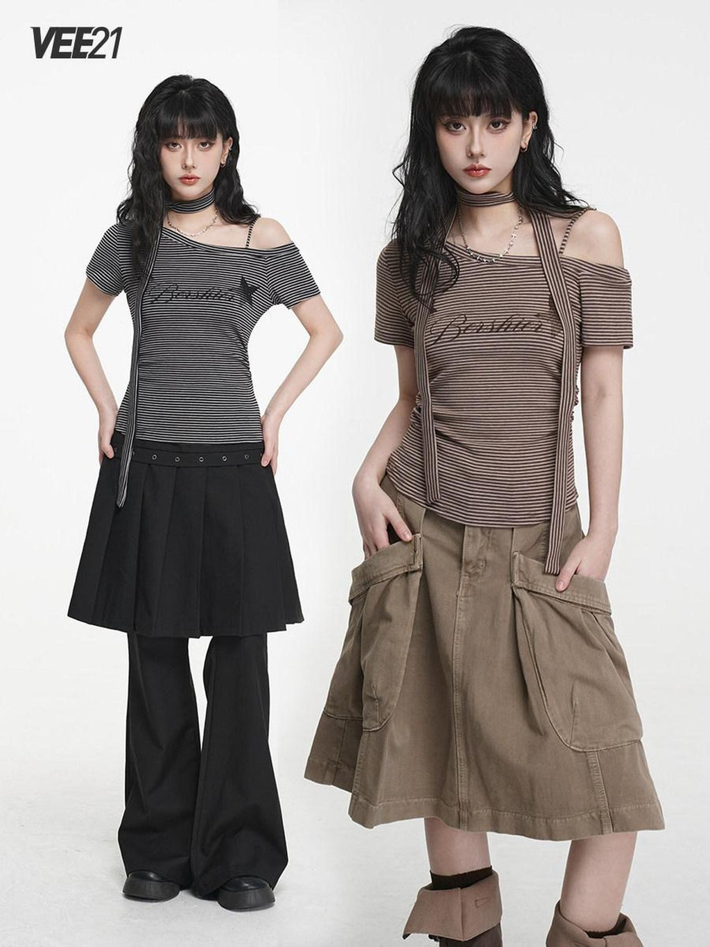VEEMIX Coffee Stripe Ruched Slanted Print Women's Tencel Cotton Off-shoulder T-shirts