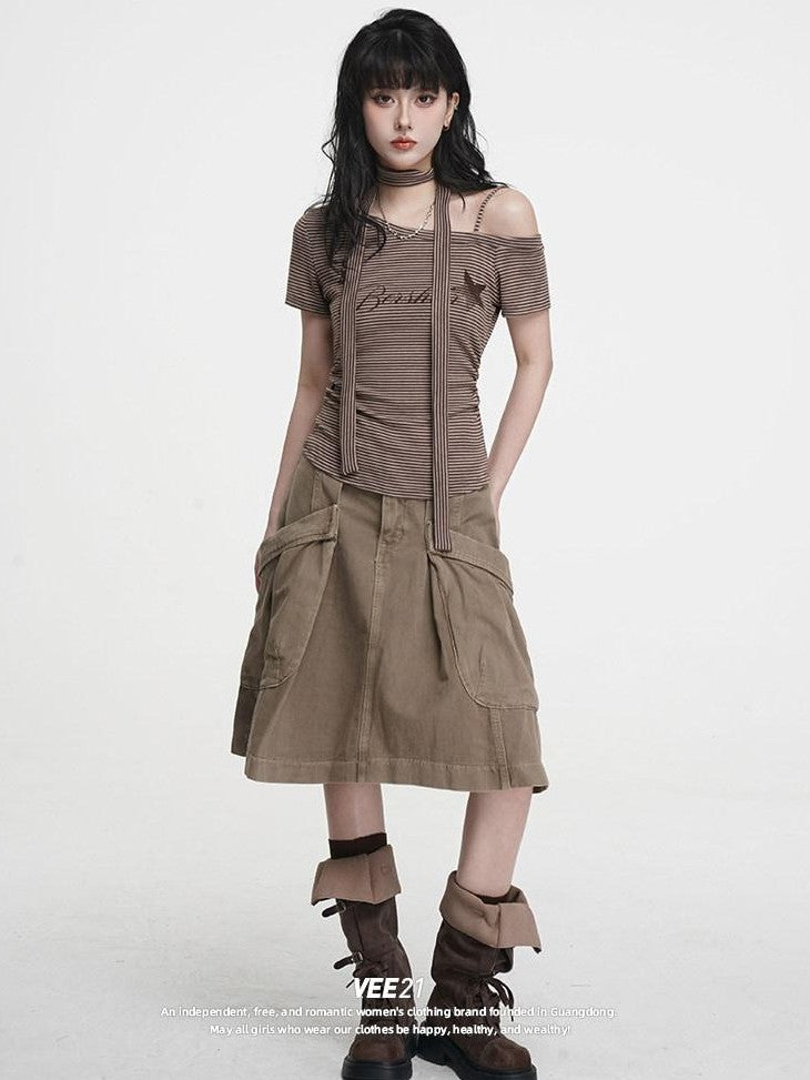 VEEMIX Coffee Stripe Ruched Slanted Print Women's Tencel Cotton Off-shoulder T-shirts