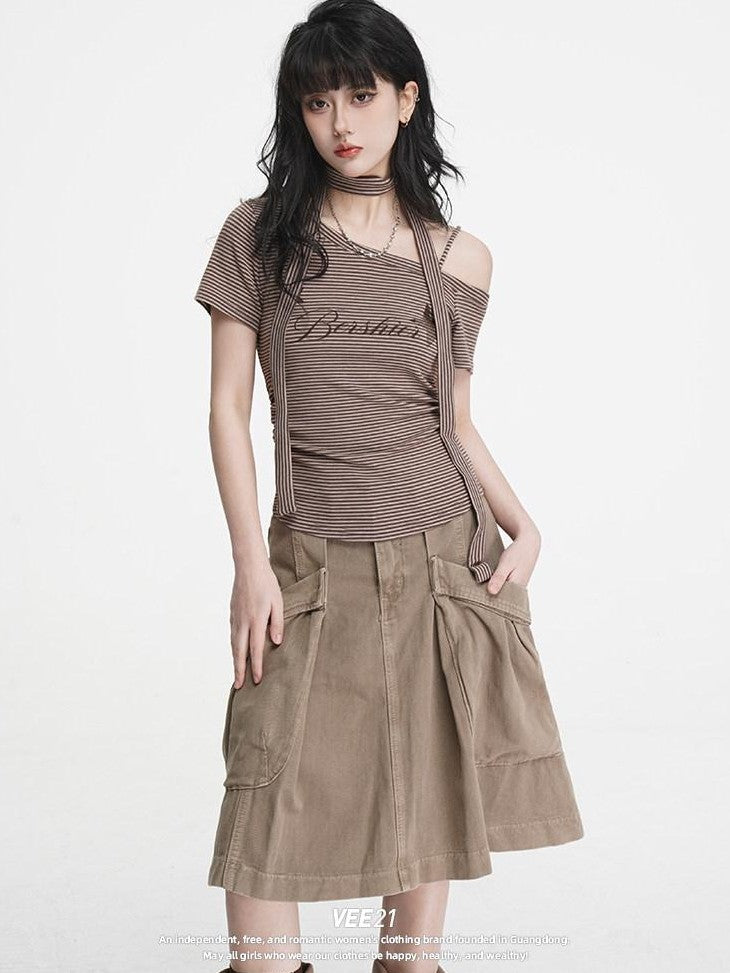 VEEMIX Coffee Stripe Ruched Slanted Print Women's Tencel Cotton Off-shoulder T-shirts