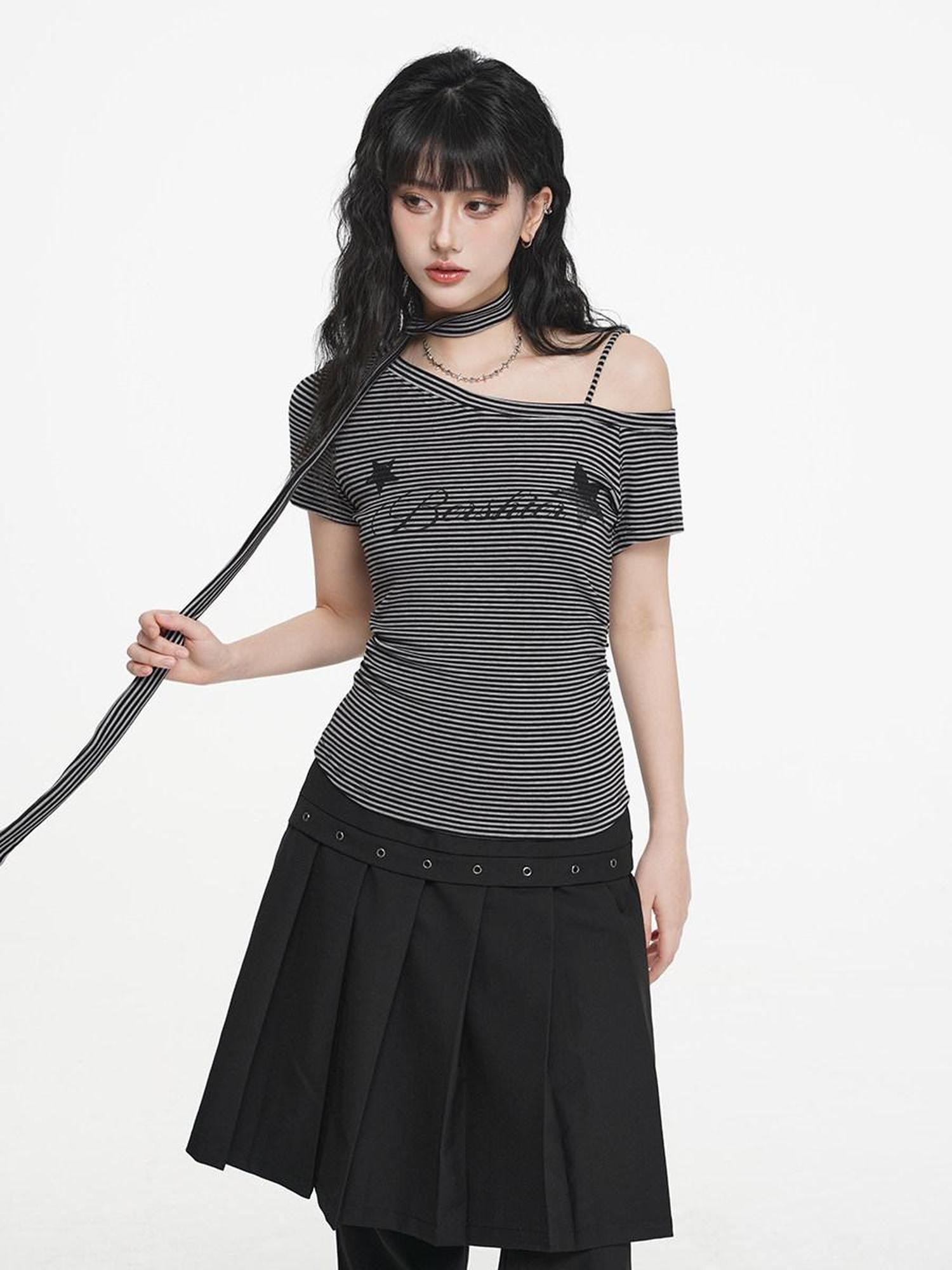 VEEMIX Coffee Stripe Ruched Slanted Print Women's Tencel Cotton Off-shoulder T-shirts