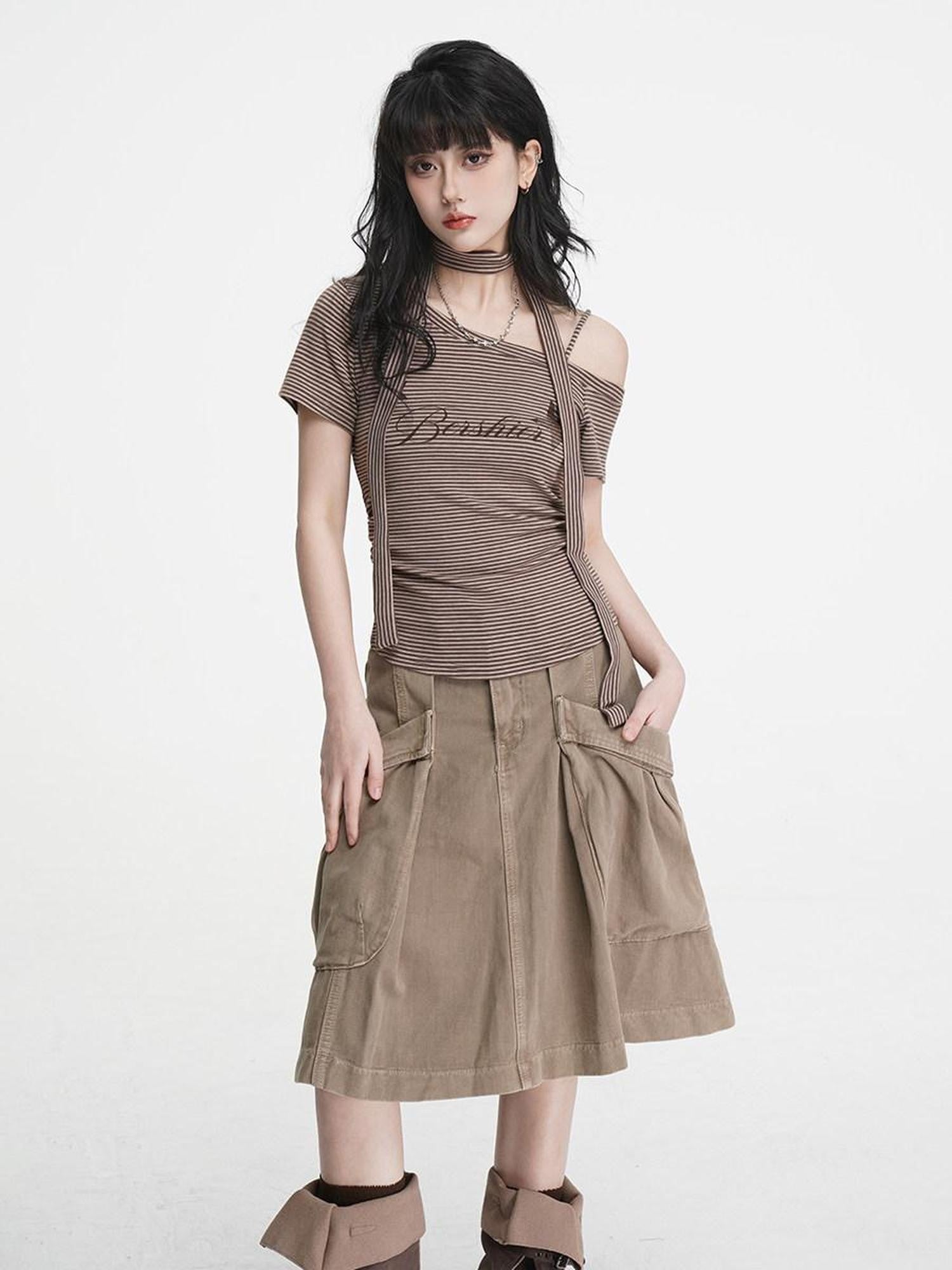 VEEMIX Coffee Stripe Ruched Slanted Print Women's Tencel Cotton Off-shoulder T-shirts