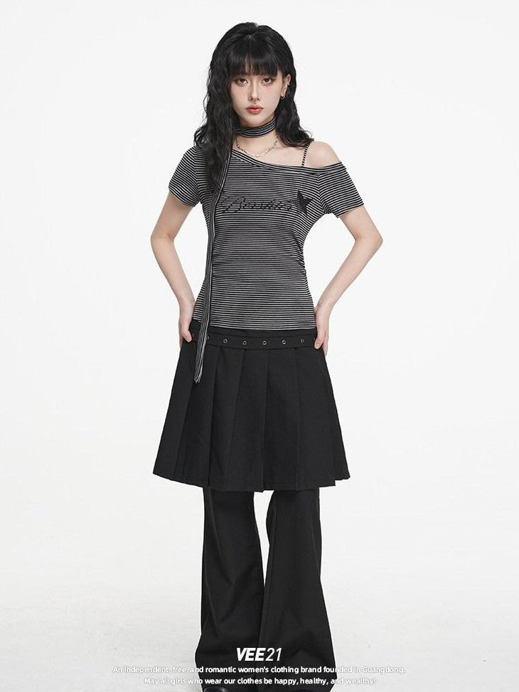 VEEMIX Coffee Stripe Ruched Slanted Print Women's Tencel Cotton Off-shoulder T-shirts