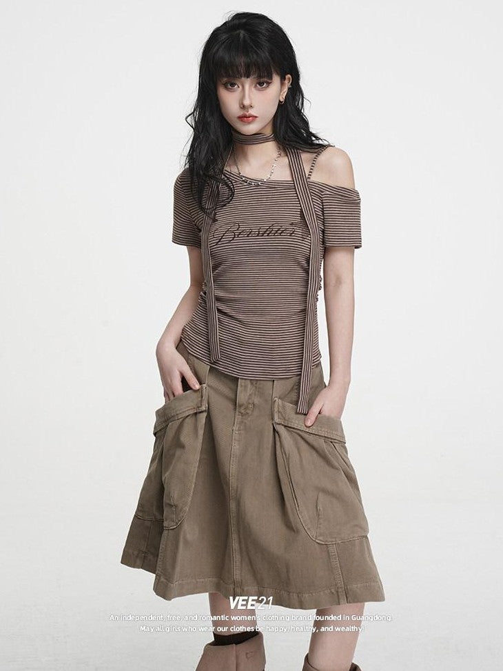 VEEMIX Coffee Stripe Ruched Slanted Print Women's Tencel Cotton Off-shoulder T-shirts