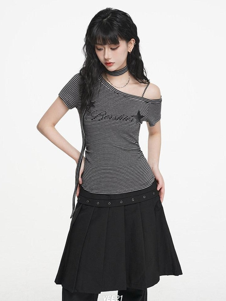 VEEMIX Coffee Stripe Ruched Slanted Print Women's Tencel Cotton Off-shoulder T-shirts