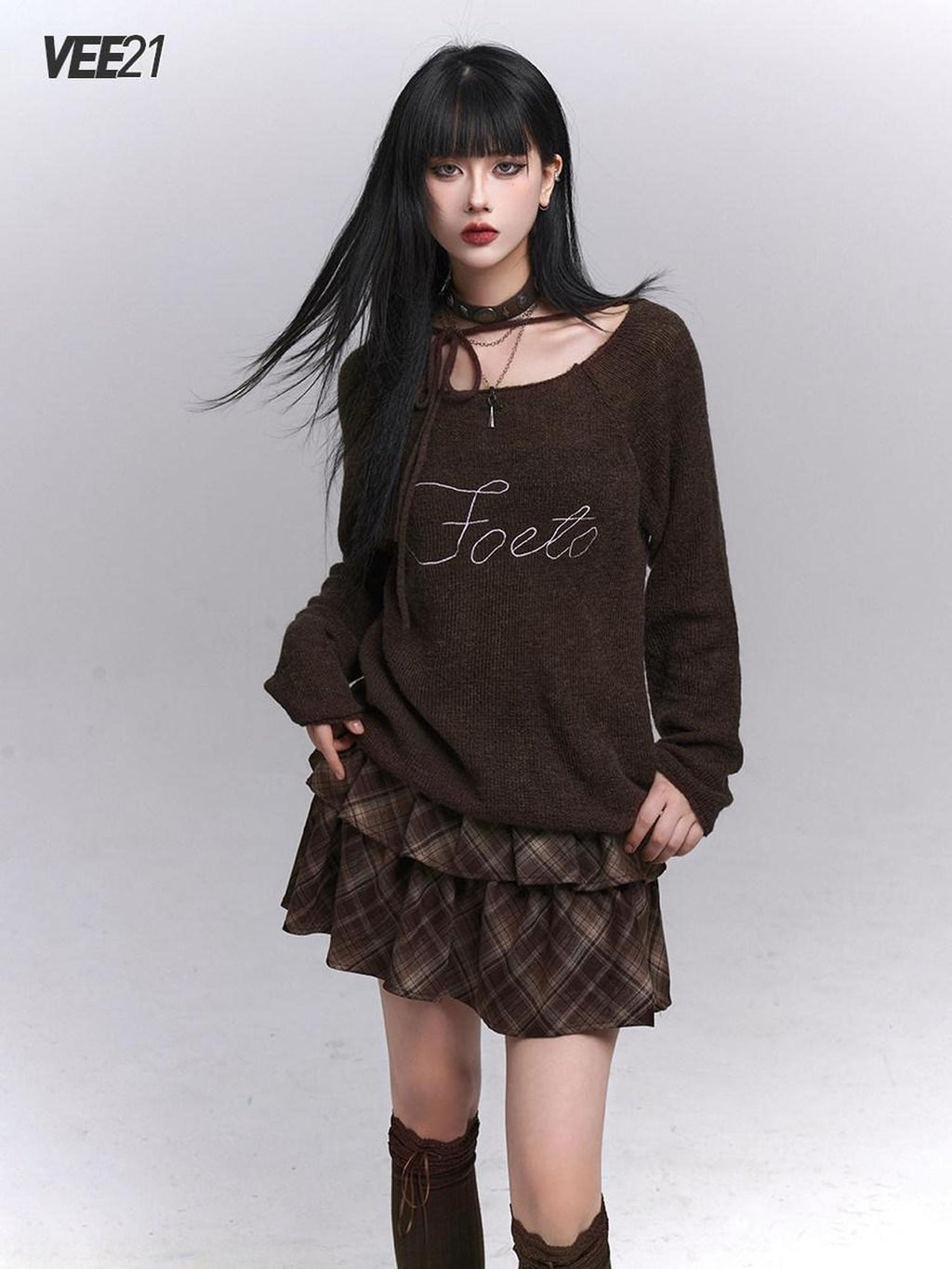 VEEMIX Coffee Tie Detail Relaxed Knit Round Neck Women's Lightweight Sweaters