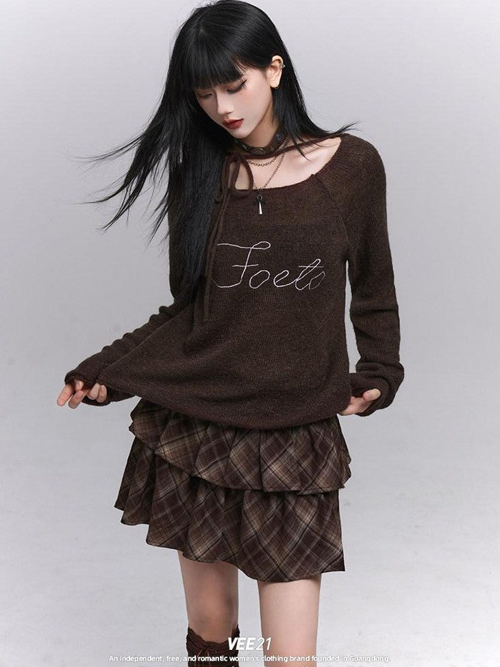 VEEMIX Coffee Tie Detail Relaxed Knit Round Neck Women's Lightweight Sweaters