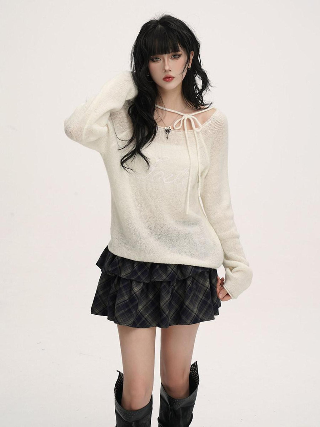 VEEMIX Coffee Tie Detail Relaxed Knit Round Neck Women's Lightweight Sweaters