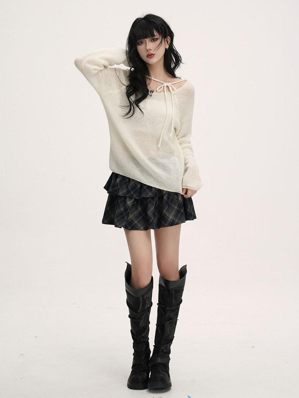 VEEMIX Coffee Tie Detail Relaxed Knit Round Neck Women's Lightweight Sweaters
