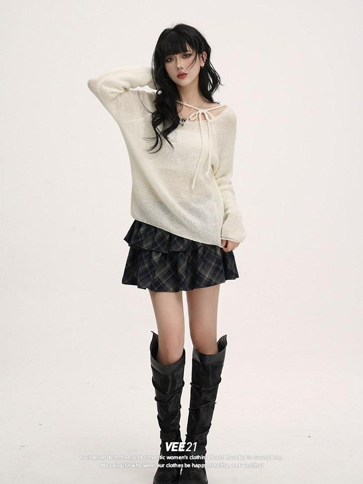 VEEMIX Coffee Tie Detail Relaxed Knit Round Neck Women's Lightweight Sweaters