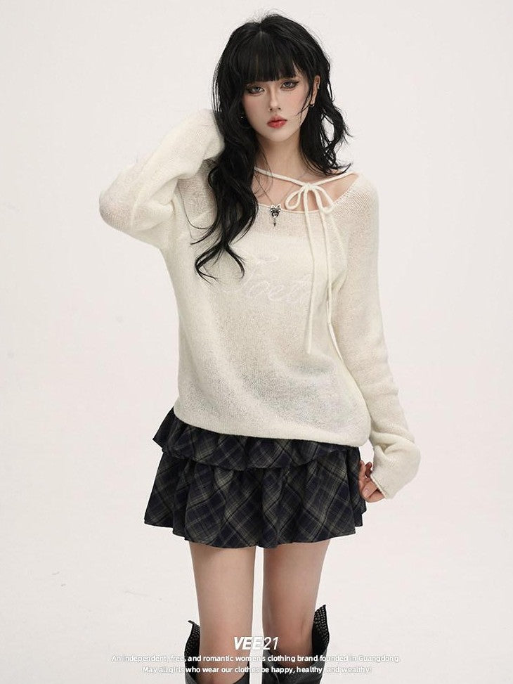 VEEMIX Coffee Tie Detail Relaxed Knit Round Neck Women's Lightweight Sweaters