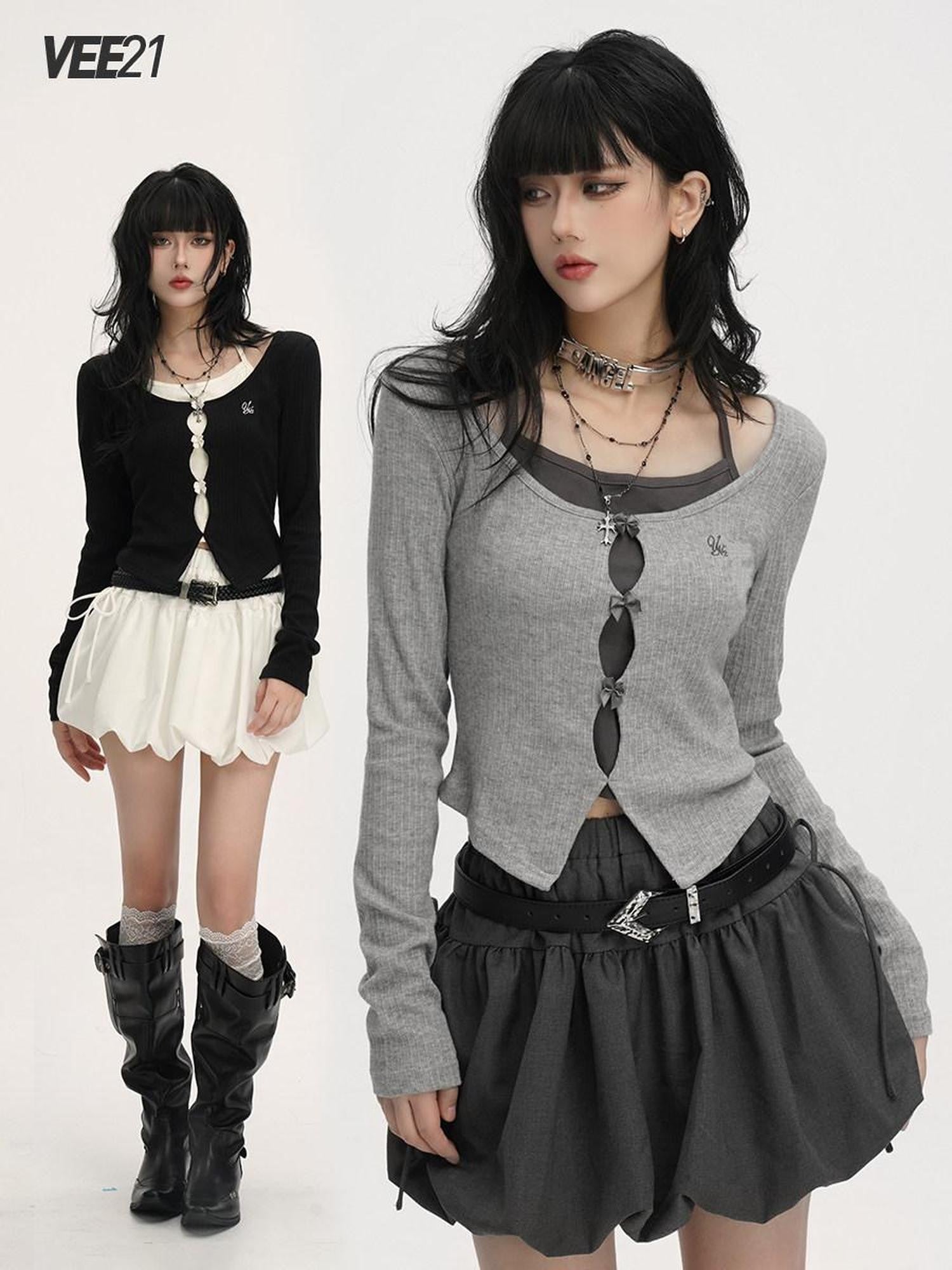 VEEMIX Colorblock Embroidered Tie Cropped Faux Two Piece Women's Long Sleeve T-shirts