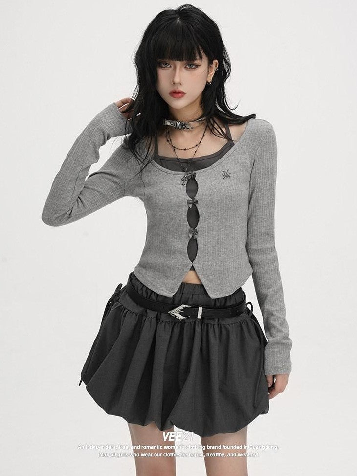 VEEMIX Colorblock Embroidered Tie Cropped Faux Two Piece Women's Long Sleeve T-shirts