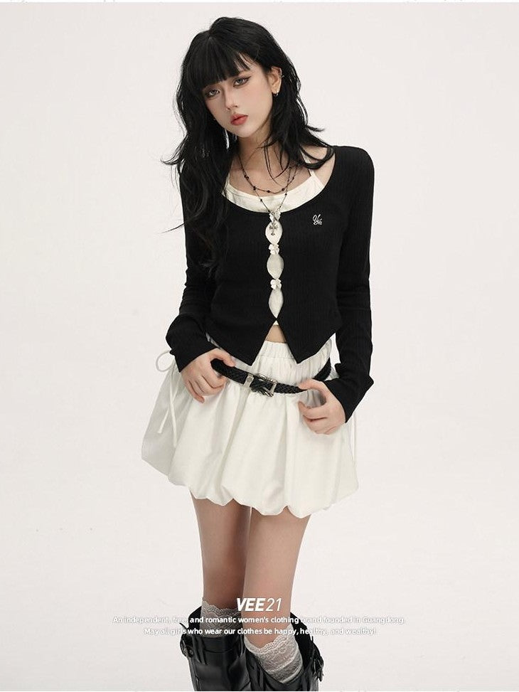 VEEMIX Colorblock Embroidered Tie Cropped Faux Two Piece Women's Long Sleeve T-shirts