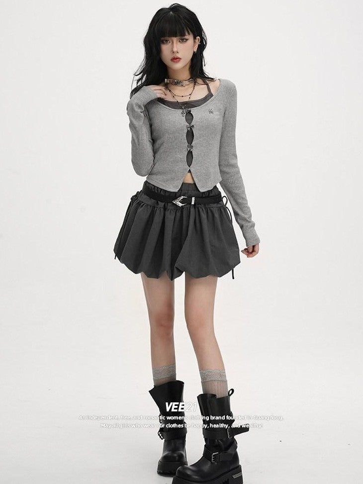 VEEMIX Colorblock Embroidered Tie Cropped Faux Two Piece Women's Long Sleeve T-shirts