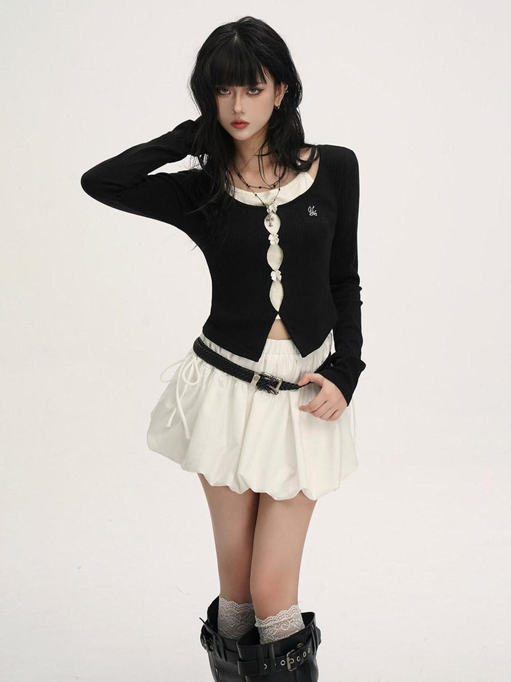 VEEMIX Colorblock Embroidered Tie Cropped Faux Two Piece Women's Long Sleeve T-shirts