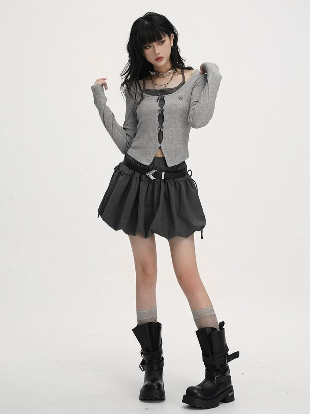 VEEMIX Colorblock Embroidered Tie Cropped Faux Two Piece Women's Long Sleeve T-shirts