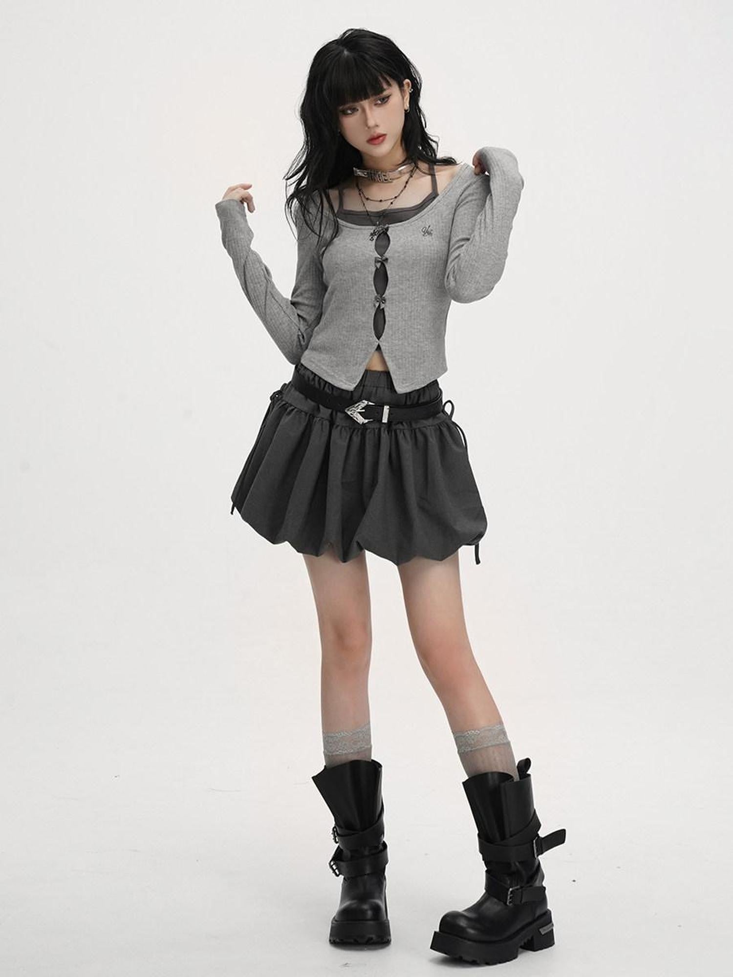 VEEMIX Colorblock Embroidered Tie Cropped Faux Two Piece Women's Long Sleeve T-shirts