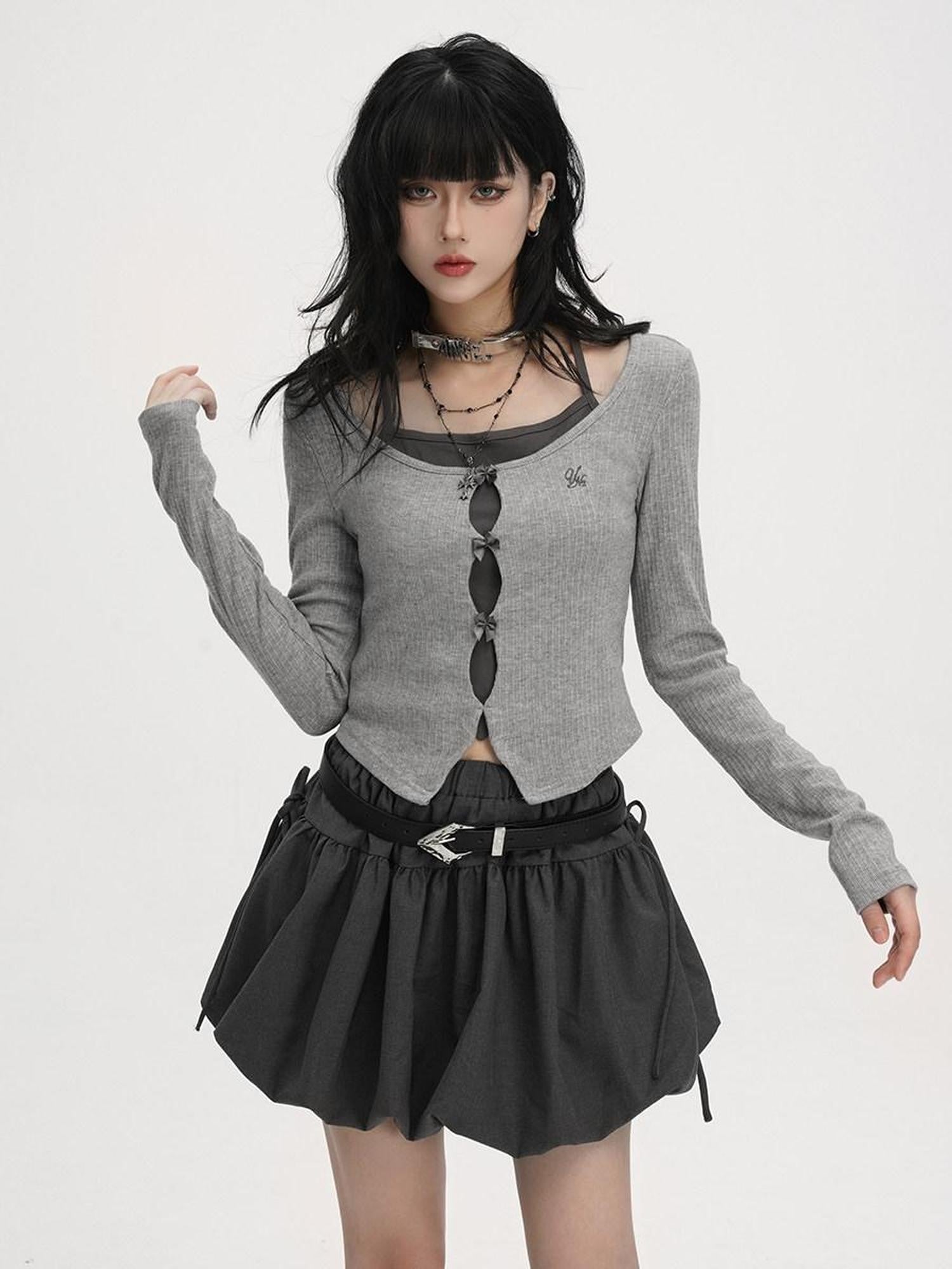 VEEMIX Colorblock Embroidered Tie Cropped Faux Two Piece Women's Long Sleeve T-shirts