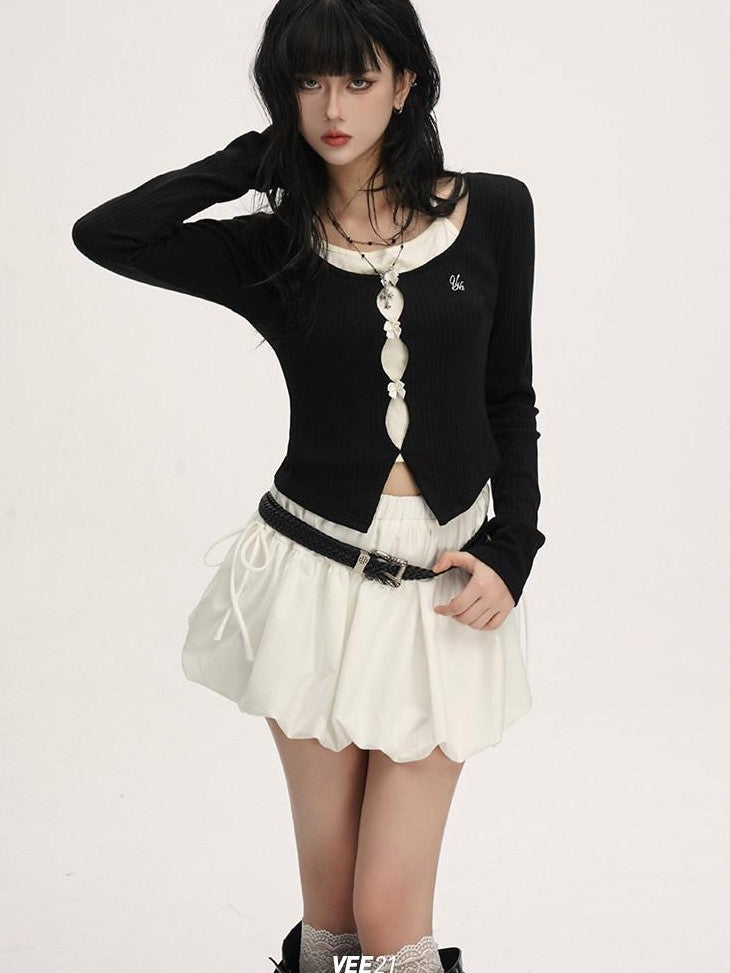 VEEMIX Colorblock Embroidered Tie Cropped Faux Two Piece Women's Long Sleeve T-shirts