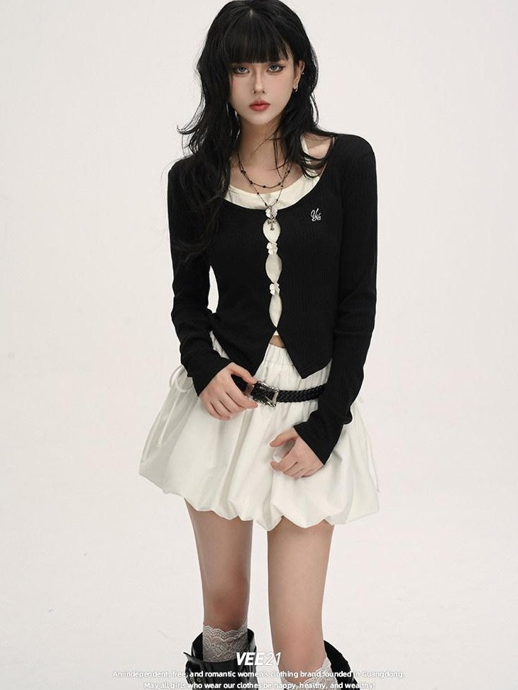 VEEMIX Colorblock Embroidered Tie Cropped Faux Two Piece Women's Long Sleeve T-shirts