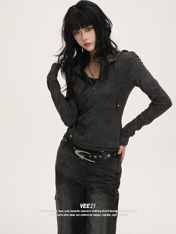 VEEMIX Colorblock Zip Fake Two Piece Hooded Drawstring Cropped Slim Women's Hoodies