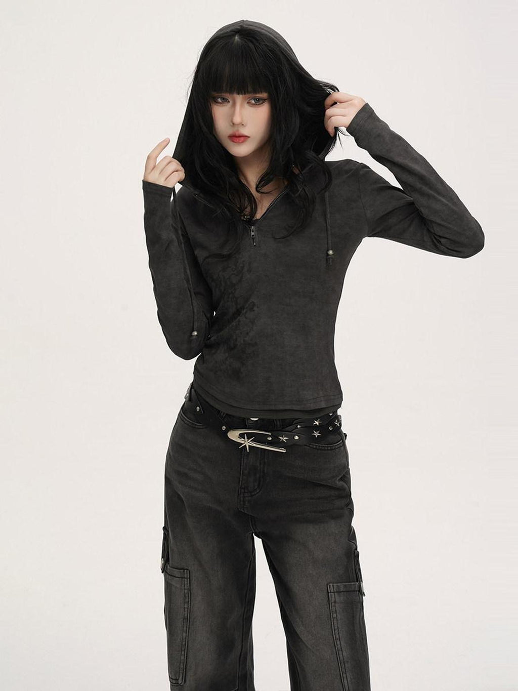 VEEMIX Colorblock Zip Fake Two Piece Hooded Drawstring Cropped Slim Women's Hoodies