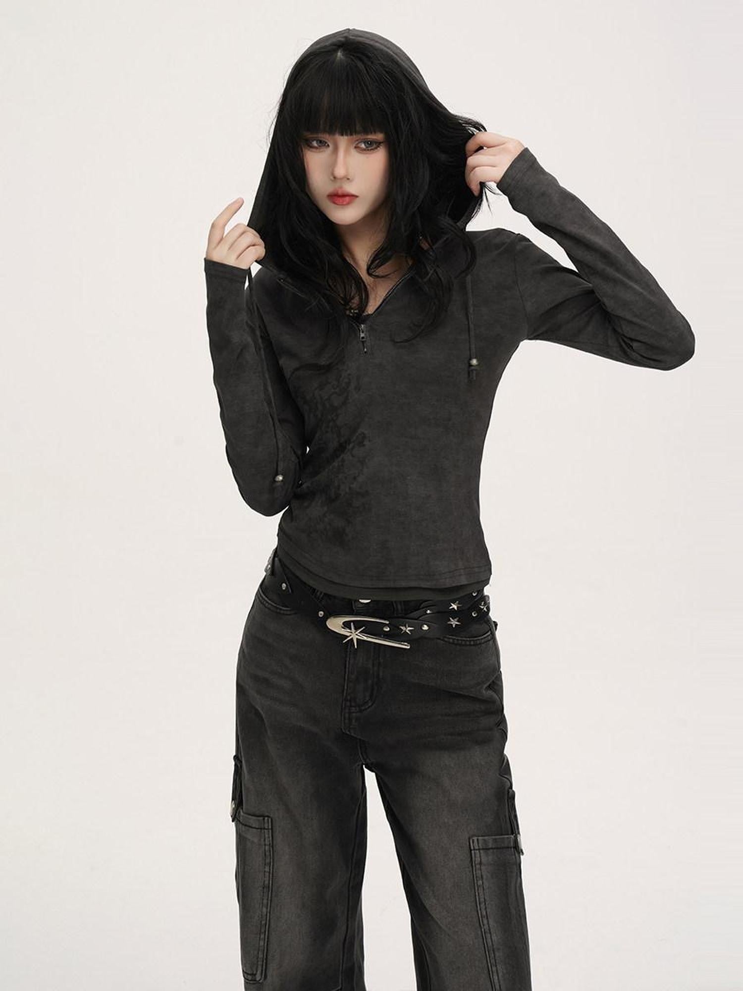 VEEMIX Colorblock Zip Fake Two Piece Hooded Drawstring Cropped Slim Women's Hoodies