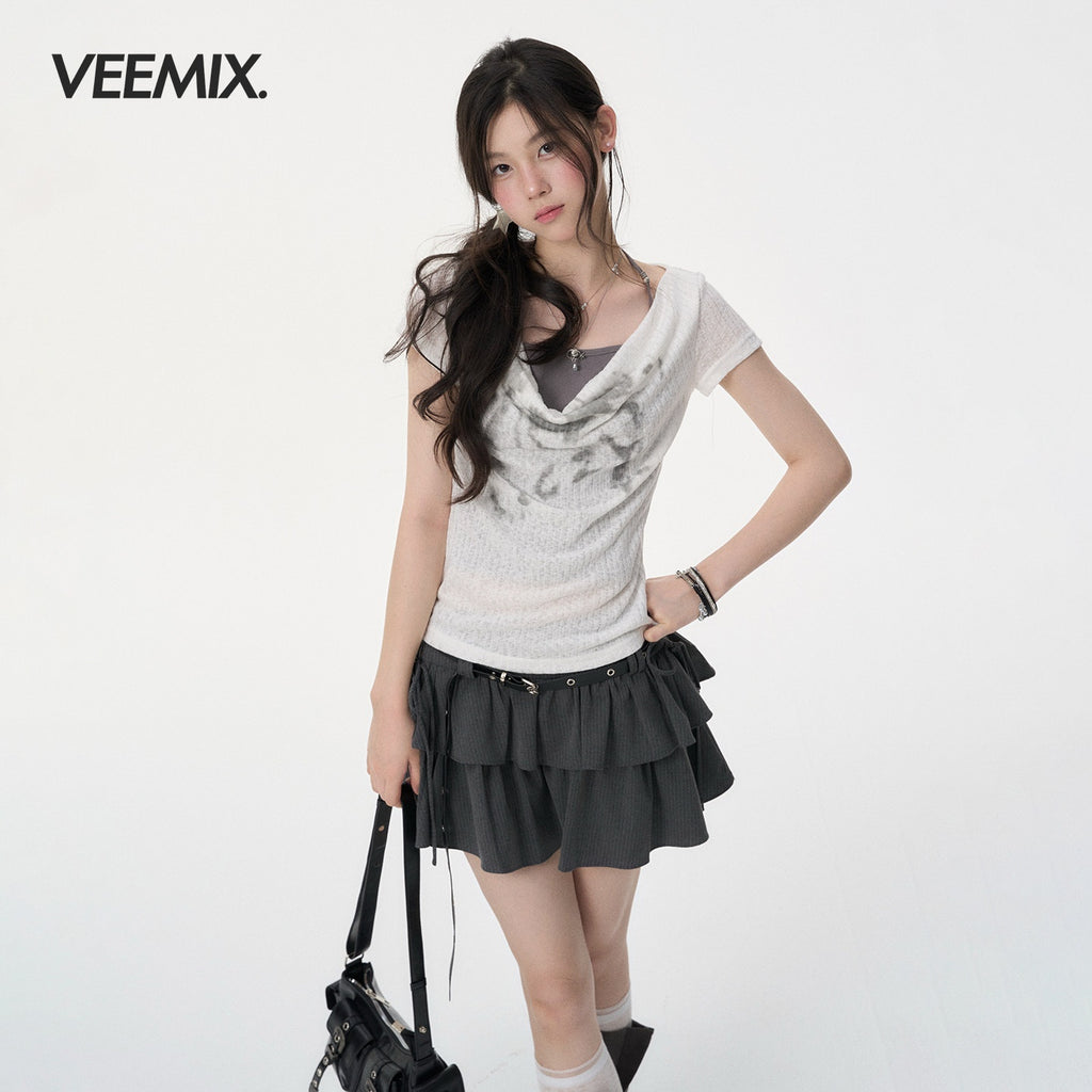 VEEMIX_Cream_Cowl_Halter_Layered_Print_Women's_Recycled_Viscose_Short_Sleeve_T-shirts_1056072032863_MISSTT