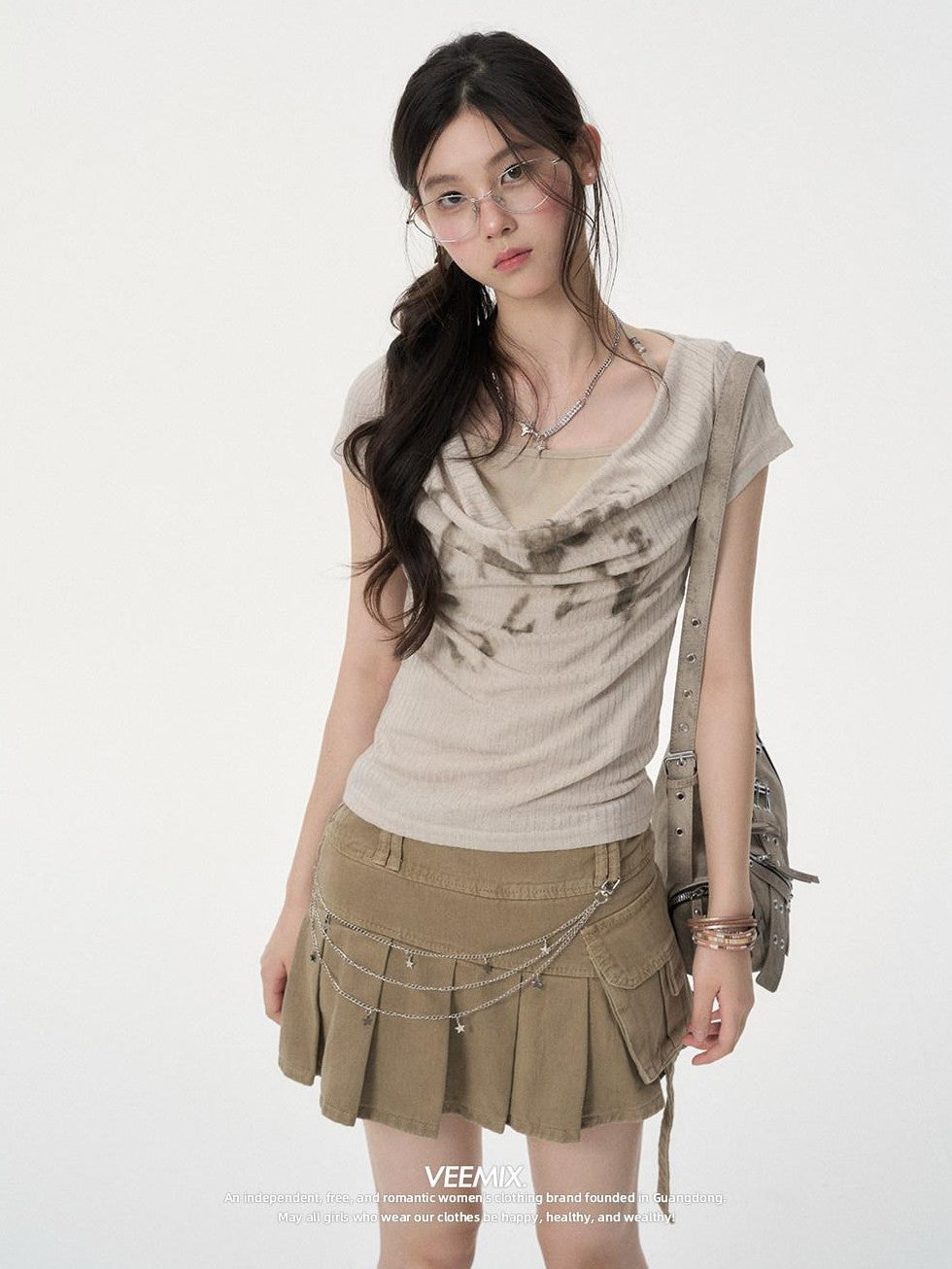 VEEMIX Cream Cowl Halter Layered Print Women's Recycled Viscose Short Sleeve T-shirts