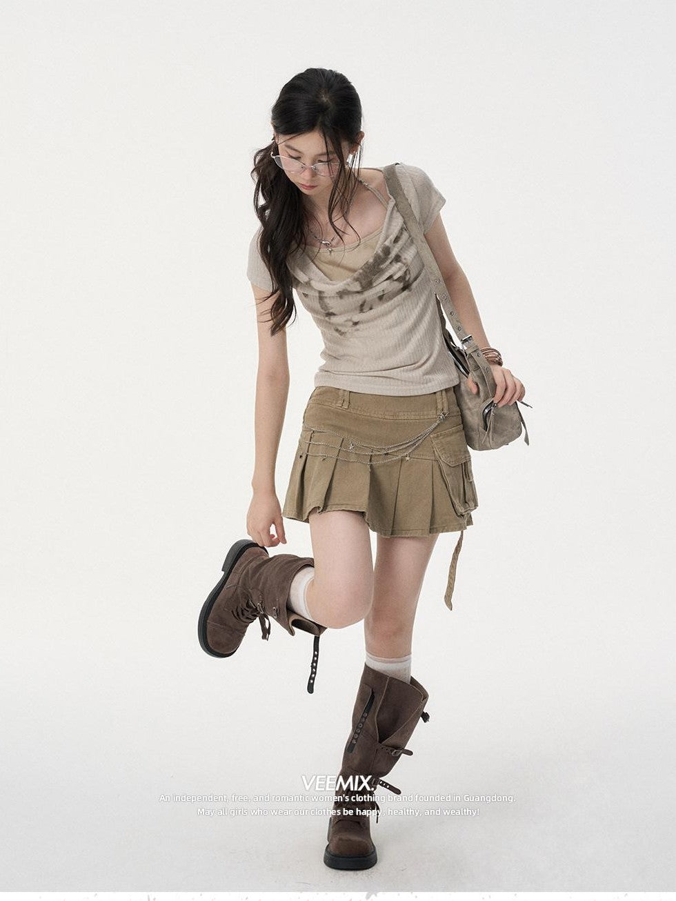 VEEMIX Cream Cowl Halter Layered Print Women's Recycled Viscose Short Sleeve T-shirts