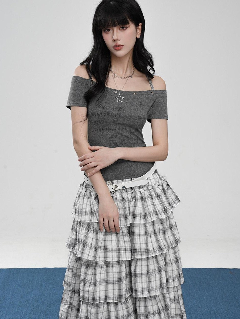 VEEMIX Cropped Halter Layered Letter Print Women's Tencel Off-shoulder T-shirts