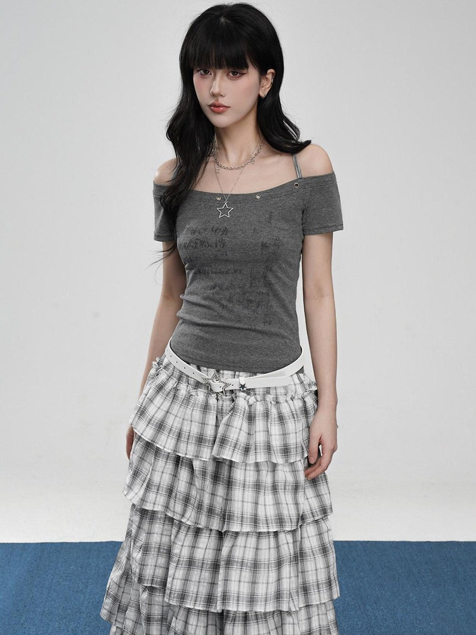 VEEMIX Cropped Halter Layered Letter Print Women's Tencel Off-shoulder T-shirts