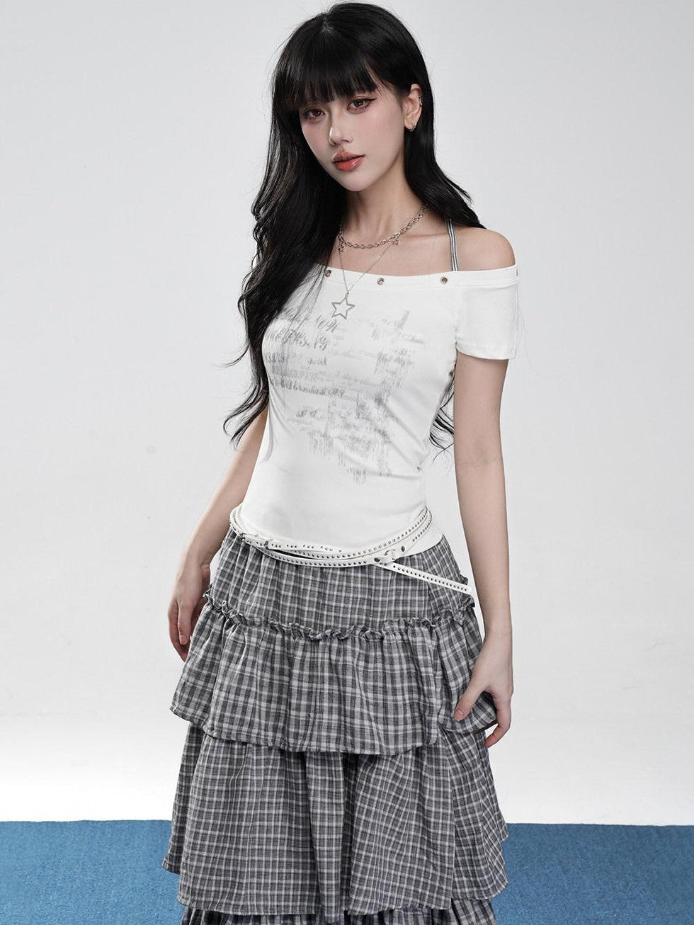 VEEMIX Cropped Halter Layered Letter Print Women's Tencel Off-shoulder T-shirts