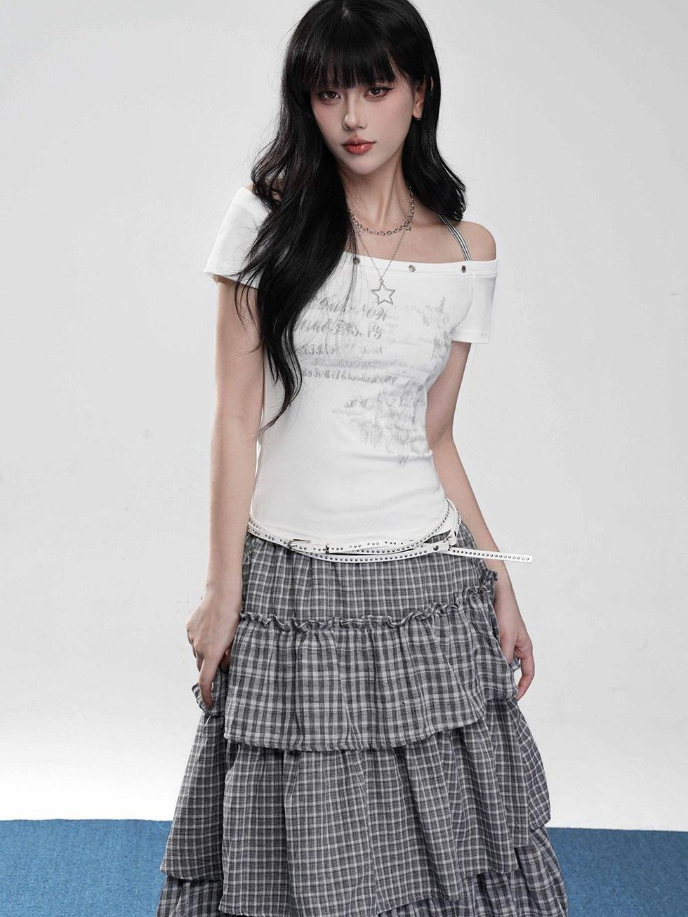 VEEMIX Cropped Halter Layered Letter Print Women's Tencel Off-shoulder T-shirts