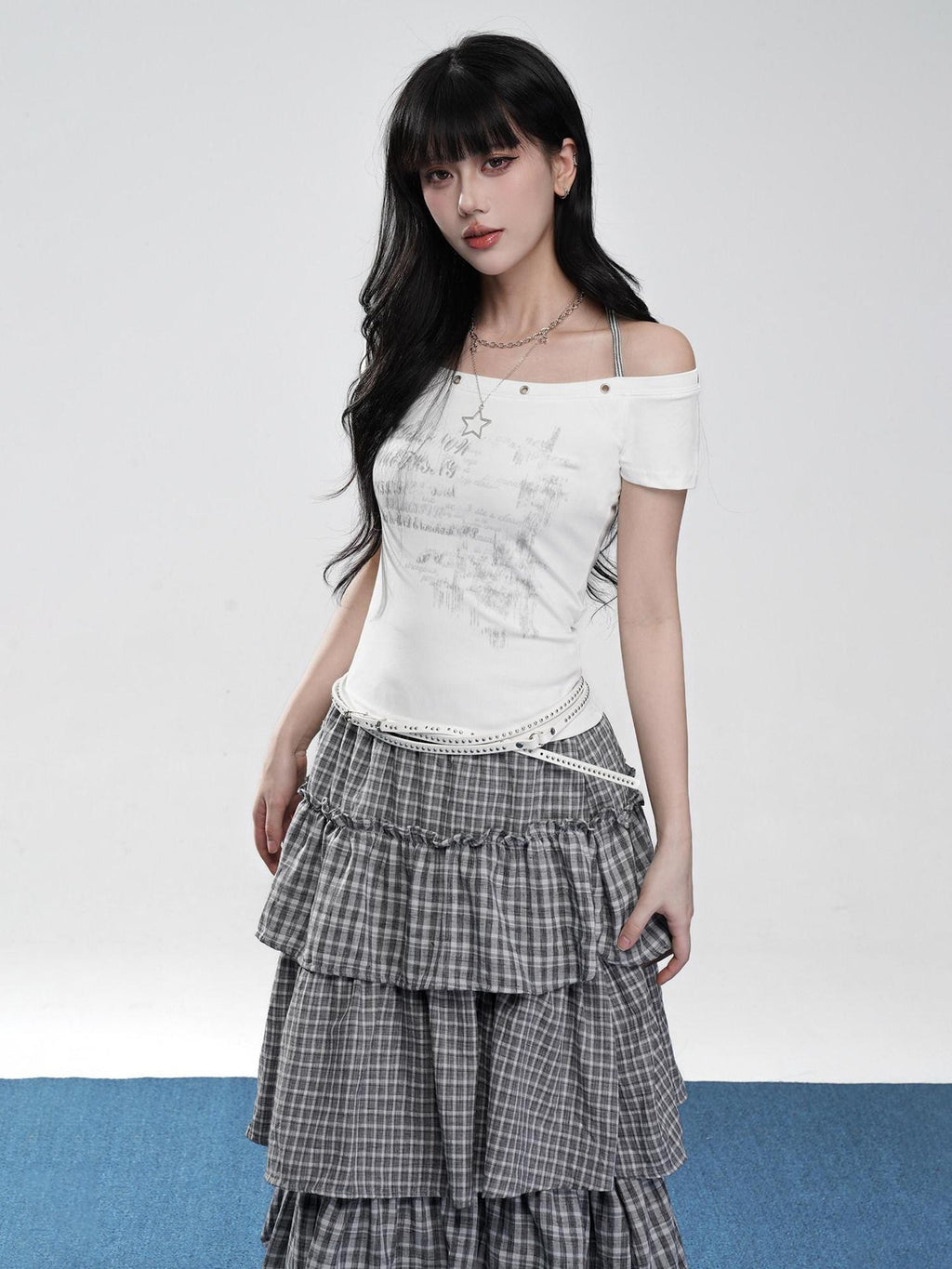 VEEMIX Cropped Halter Layered Letter Print Women's Tencel Off-shoulder T-shirts