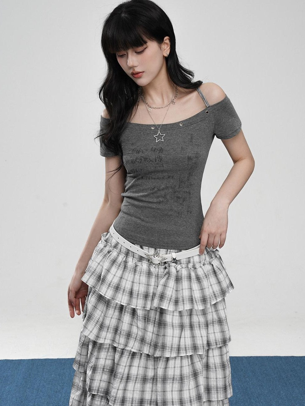 VEEMIX Cropped Halter Layered Letter Print Women's Tencel Off-shoulder T-shirts