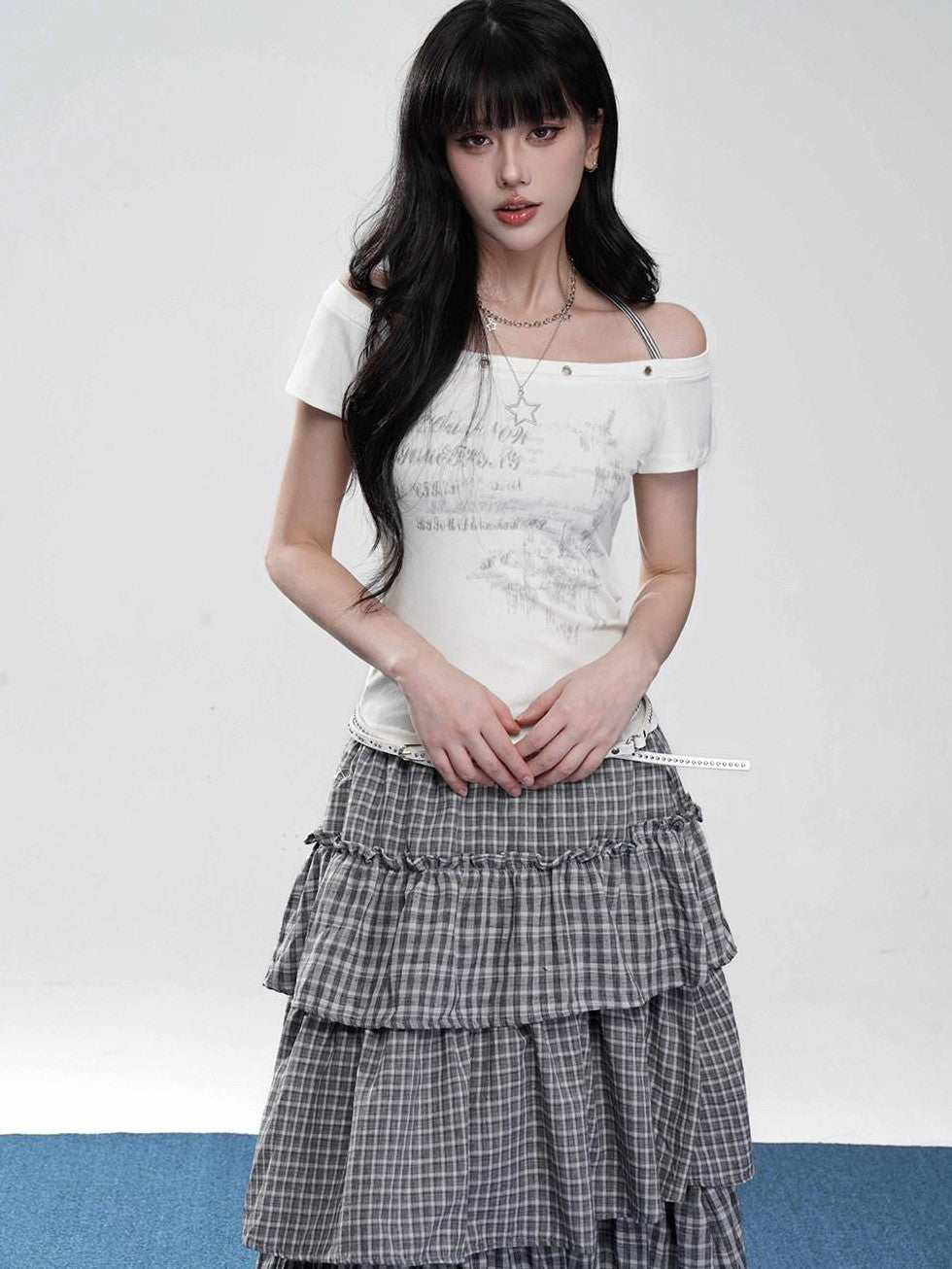 VEEMIX Cropped Halter Layered Letter Print Women's Tencel Off-shoulder T-shirts