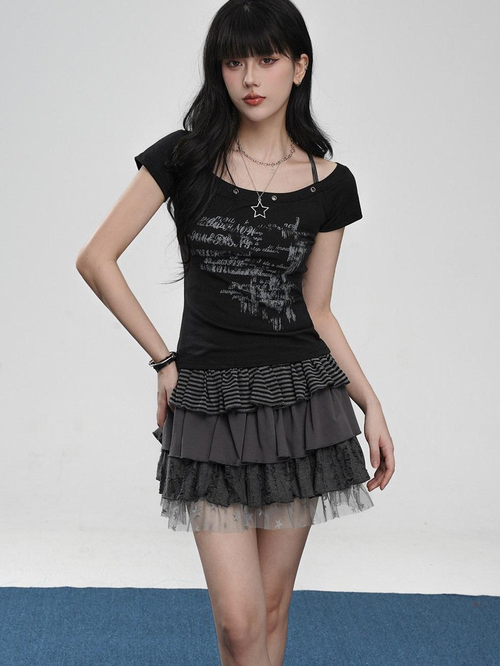 VEEMIX Cropped Halter Layered Letter Print Women's Tencel Off-shoulder T-shirts