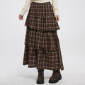 VEEMIX_Dark_Brown_Plaid_Long_Puff_Low_Waist_Lined_Women's_Rayon_Tiered_Skirts_999105714745_MISSTT