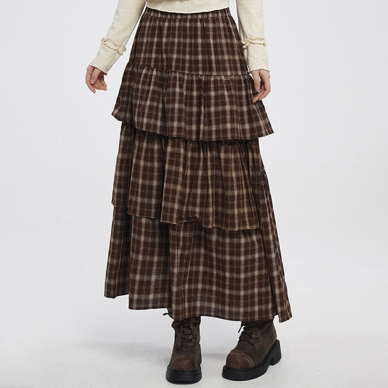 VEEMIX_Dark_Brown_Plaid_Long_Puff_Low_Waist_Lined_Women's_Rayon_Tiered_Skirts_999105714745_MISSTT