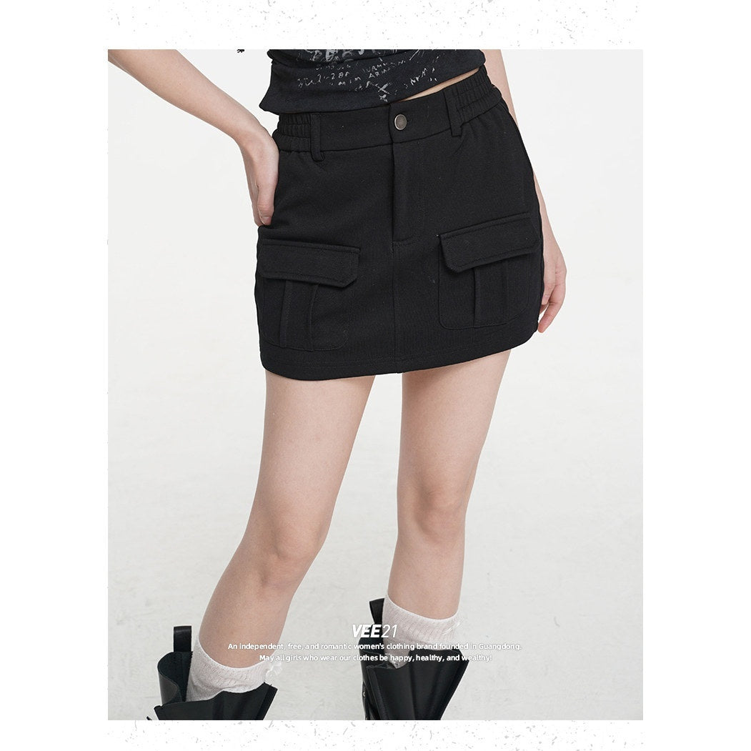 VEEMIX_Dark_Gray_Bodycon_Pocket_Elastic_Mid_Waist_Women's_Cotton_Blend_Mini_Skirts_1021027150223_MISSTT